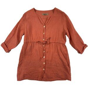 FLAX Gingham Check Tunic Shirt Women XS P Orange 100% Linen 3/4 Sleeve Lagenlook